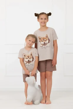 Piżama dziewczęca krótki rękaw, krótkie spodnie Shiba