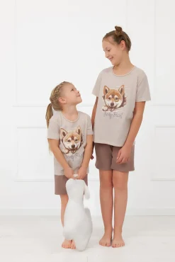 Piżama dziewczęca krótki rękaw, krótkie spodnie Shiba